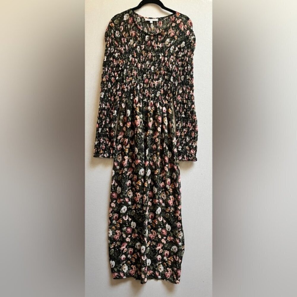 Vintage Expression Floral Chiffon Smock Maxi Dress Black Pink Size S